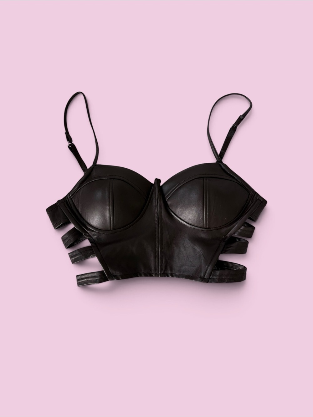 Dark brown Strappy Black Faux Leather Zip-Front Crop Top